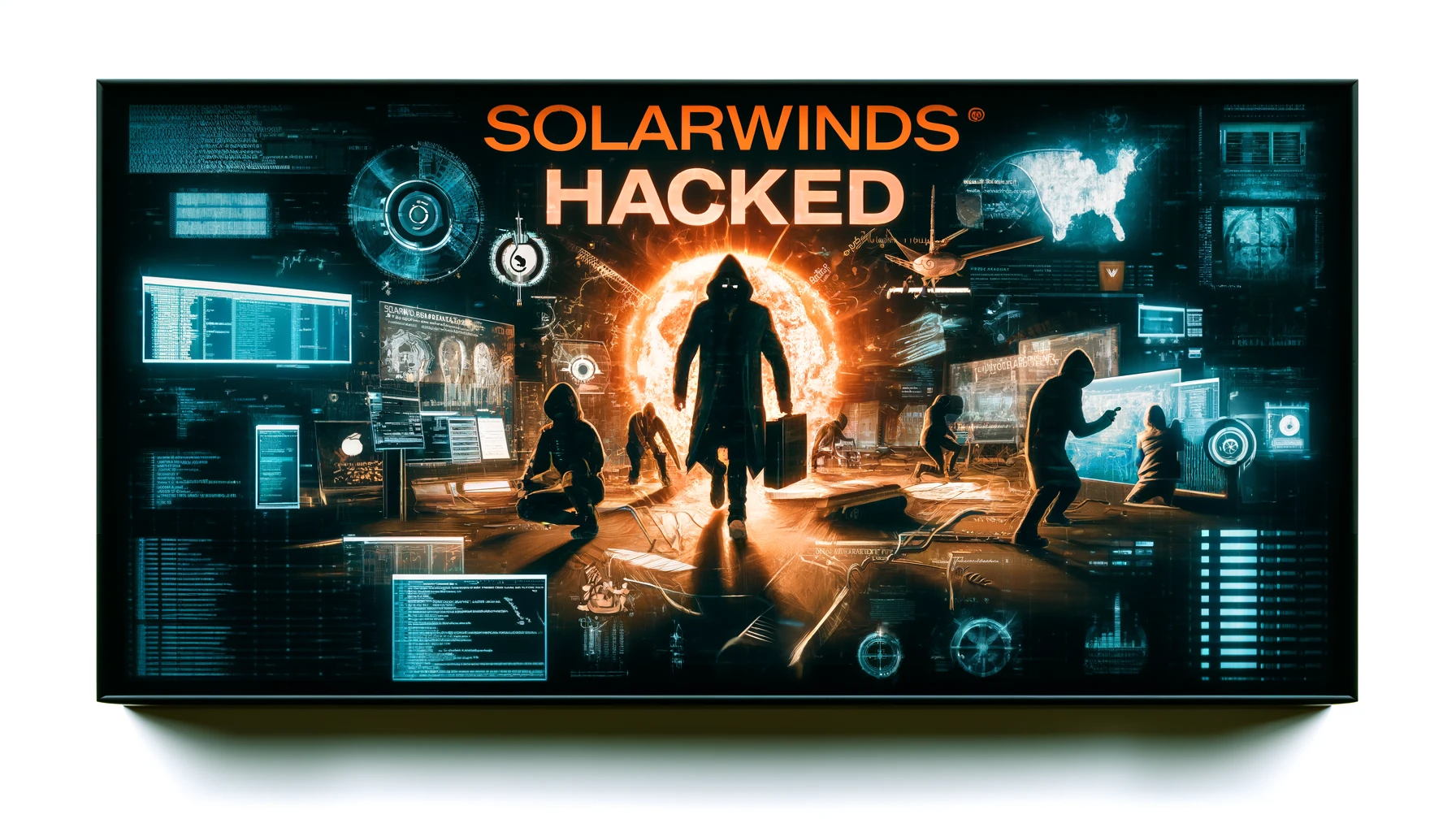SolarWinds System Compromise illustration highlighting espionage and intrigue.