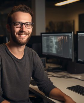 Providing experience on Digital Transformation, Customer Service | Guilda - A Guilda's Engineer at desk with computer monitors
